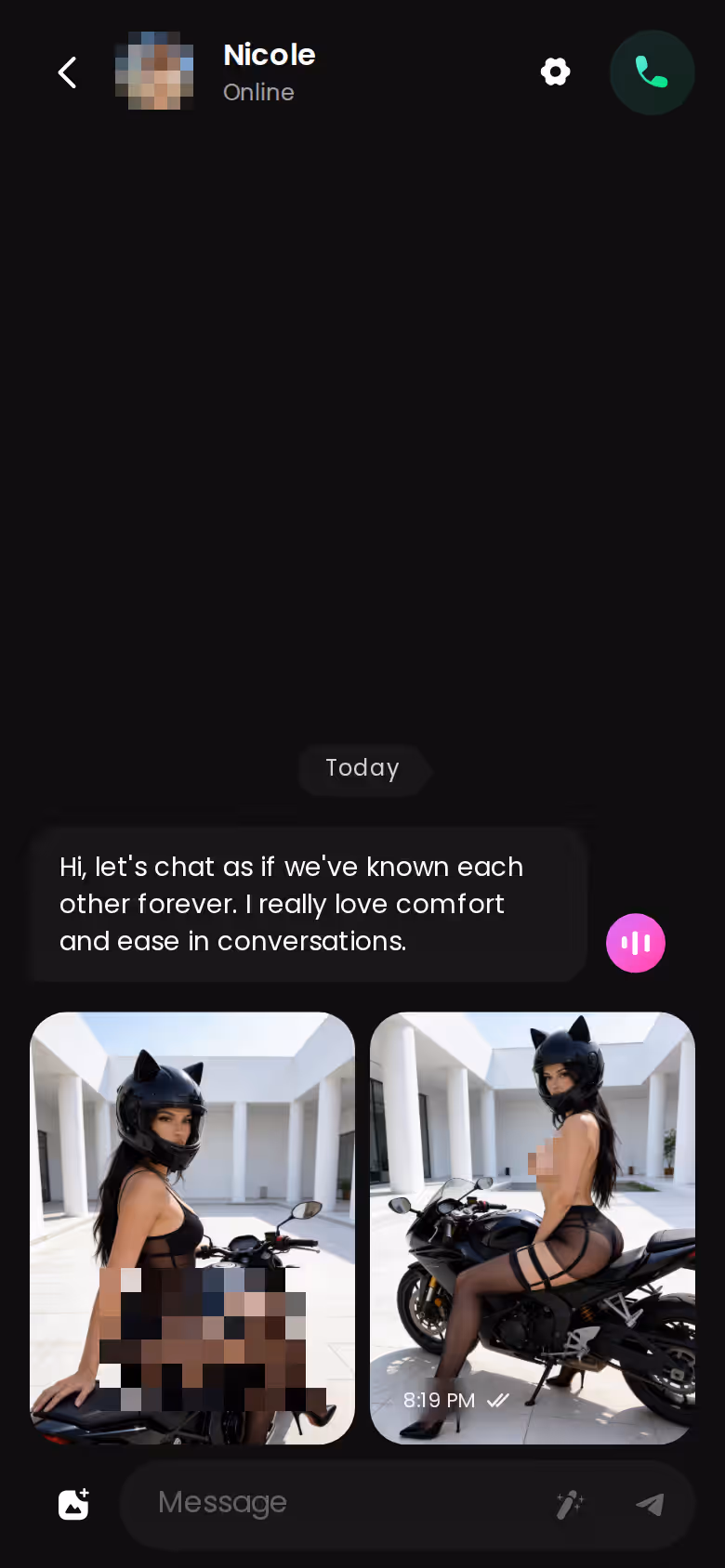 Mobile GoLove.ai chat thread with photo exchange — freaky chat