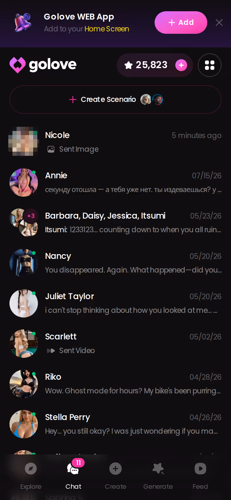 GoLove mobile chats list showing several characters with last-message previews