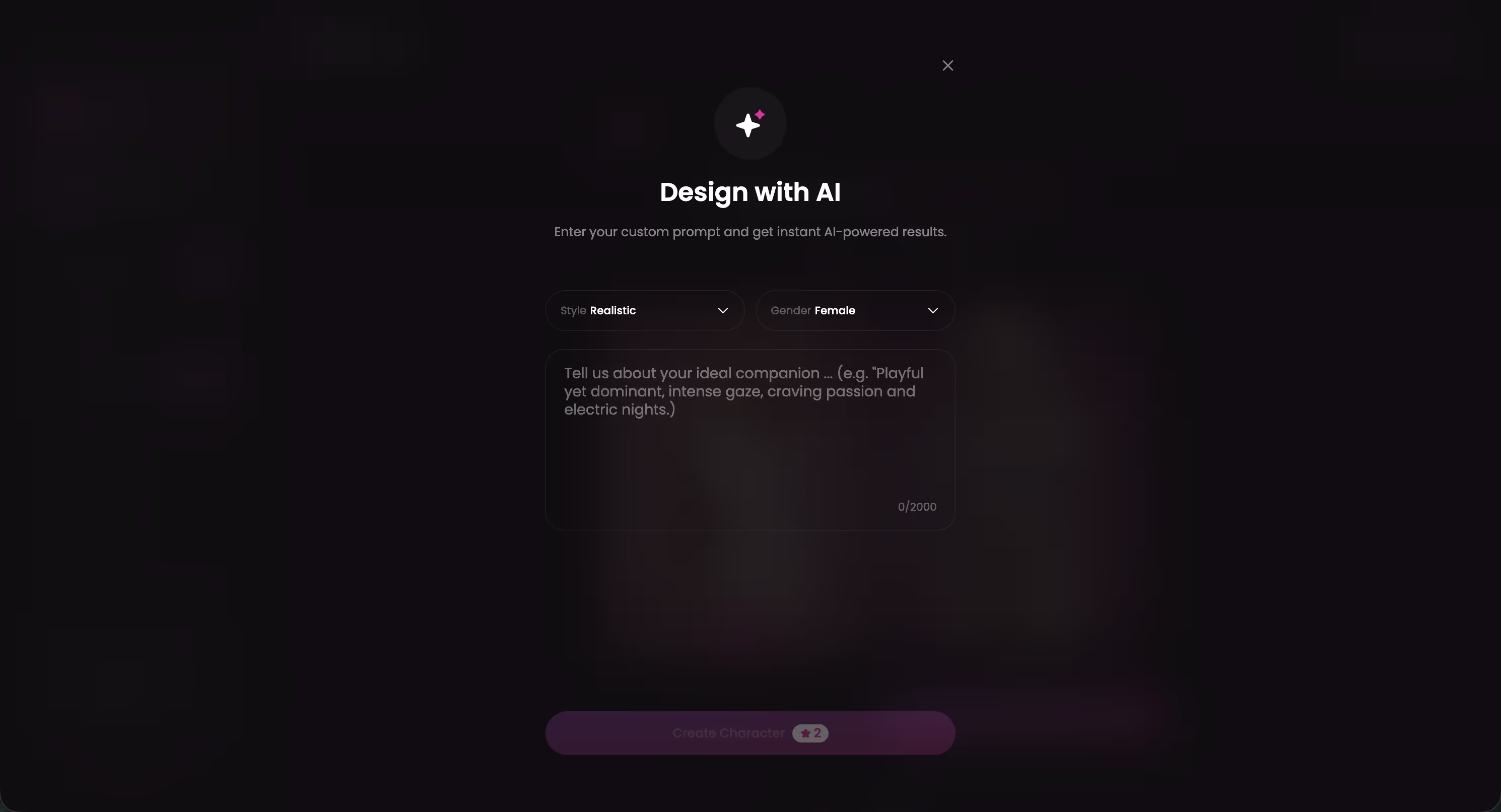 GoLove Design with AI text box where you describe a custom AI girlfriend in plain language