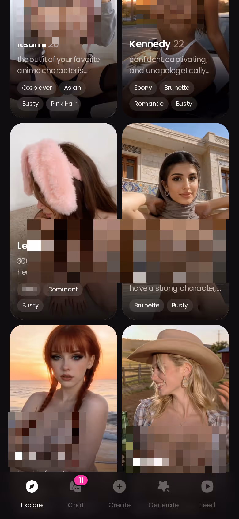 GoLove.ai Explore page on mobile showing realistic AI companions ready to chat