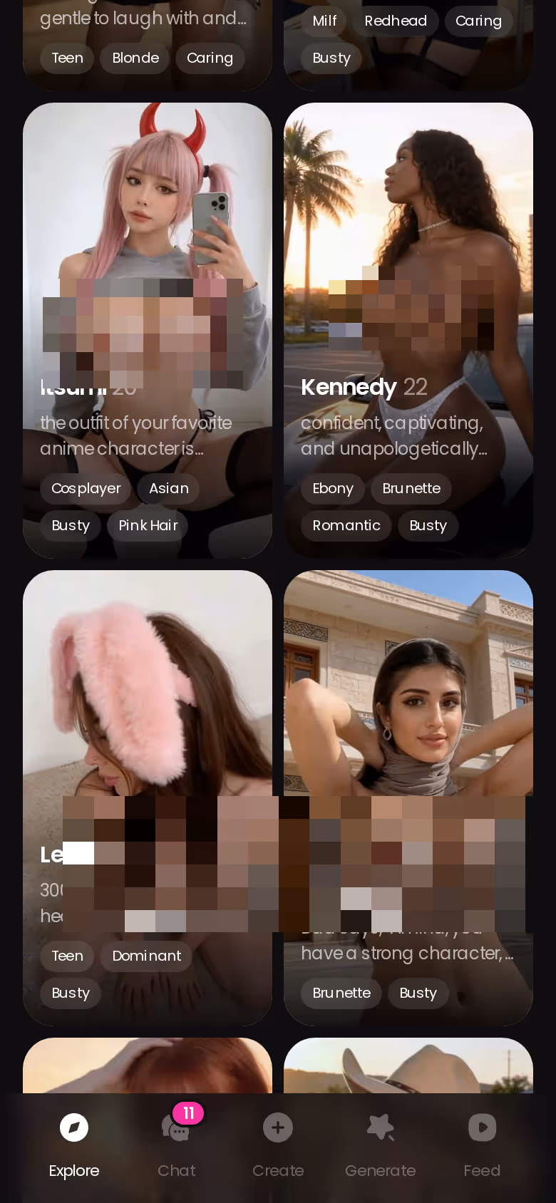 GoLove.ai Explore tab on mobile showing realistic AI girlfriend characters