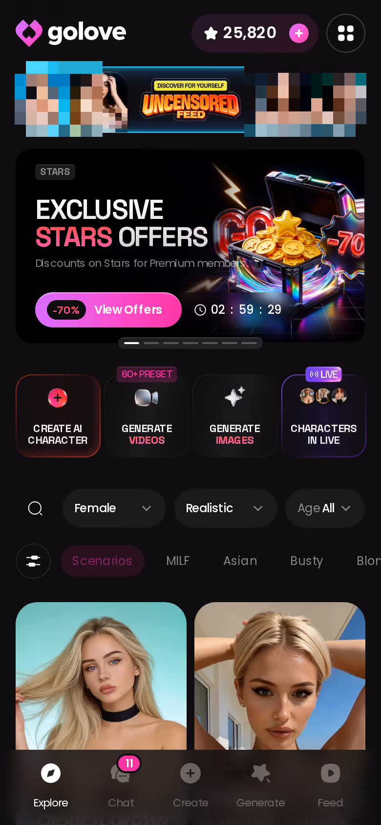 GoLove.ai Explore tab on mobile showing realistic AI girlfriend characters ready to chat