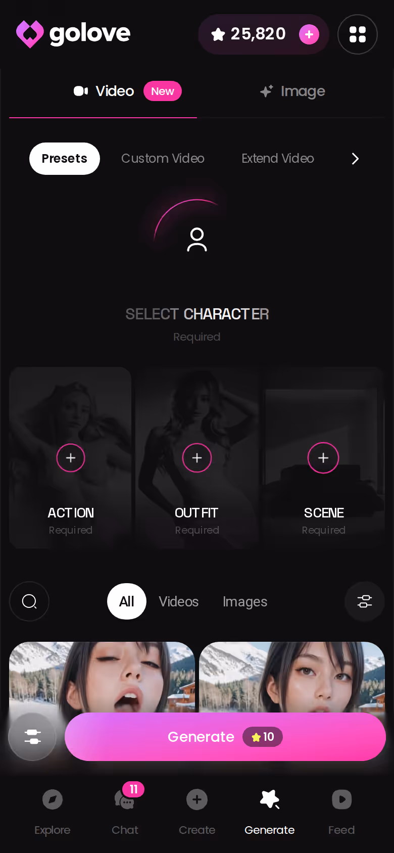 GoLove.ai Generate hub on mobile with Video and Image tabs