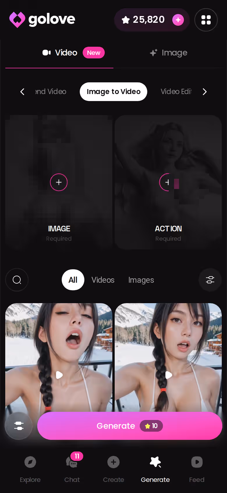 GoLove.ai image-to-video generator on mobile turning a character photo into a clip