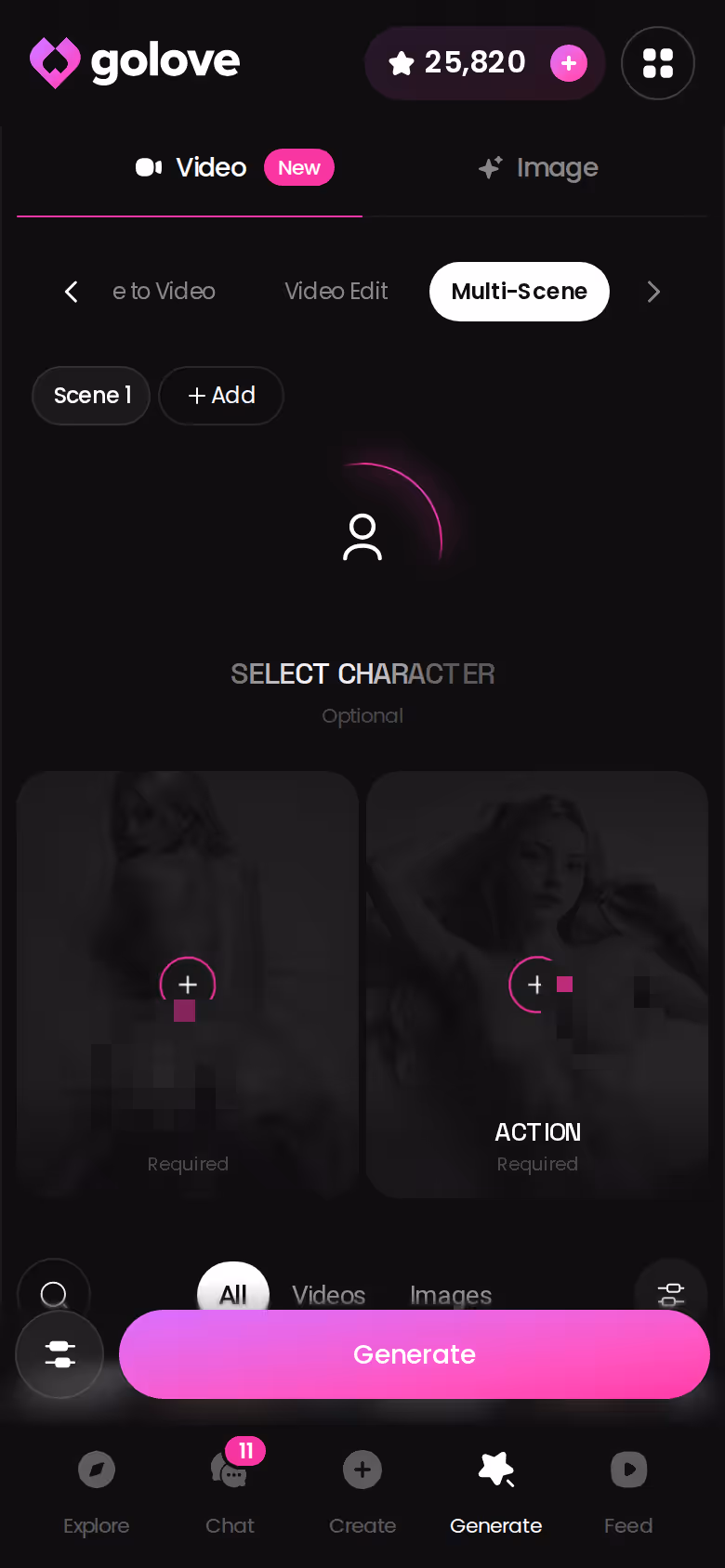 Multi Scene video builder on GoLove.ai mobile